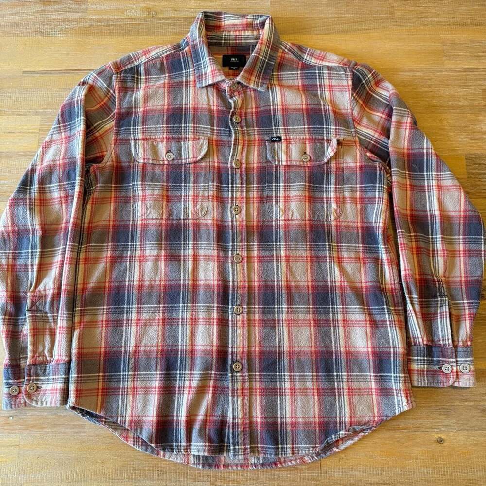 Obey Men's Red Blue Plaid Flannel Button Down Medium